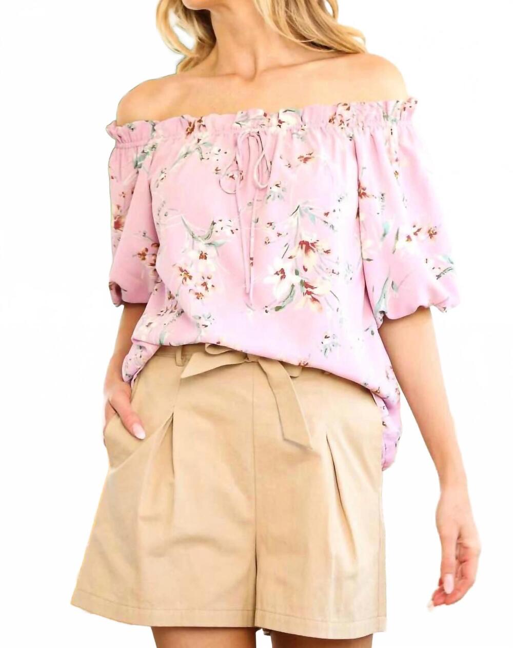 NEW VINE & LOVE blossom bell sleeve off-shoulder blouse in blush